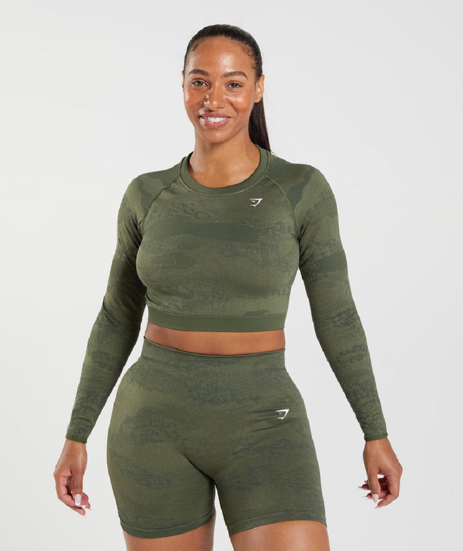 Gymshark Adapt Camo Seamless Lace Up Back Ženske Ošišane Majice Maslinasto Zelene Maslinasto Zelene | HR 3607UZG